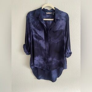 Soft Surroundings Navy Blue Tie Dye Roll Tab Sleeve Button Up Flowy Top Size S